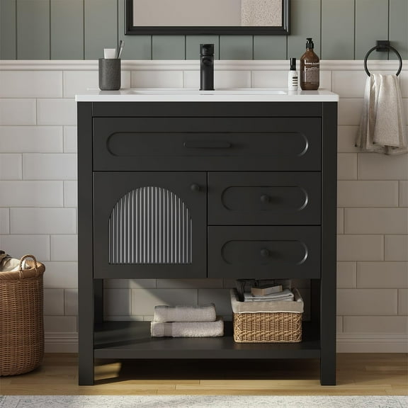 DELUXE LIVING 30 Inch Bathroom Vanity with Sink, Modern Black Bathroom Vanity with Soft-Closing Striped Glass Door & Drawers, Open Storage Shelf, Vanity for Bathroom with Adjustable Feets
