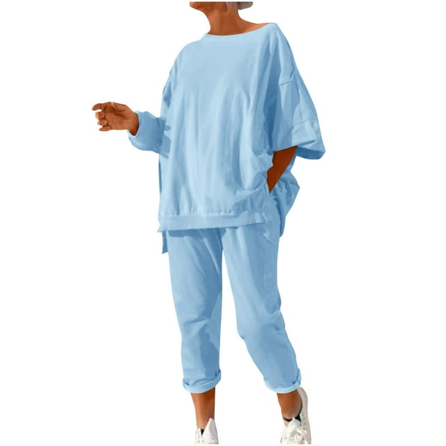 Enjoytime Vacation Outfits for Women Solid Color Round Neck Loose Pullover Sweatshirt Sweatpants Sweatsuits Fall Winter Fashion Lounge Set