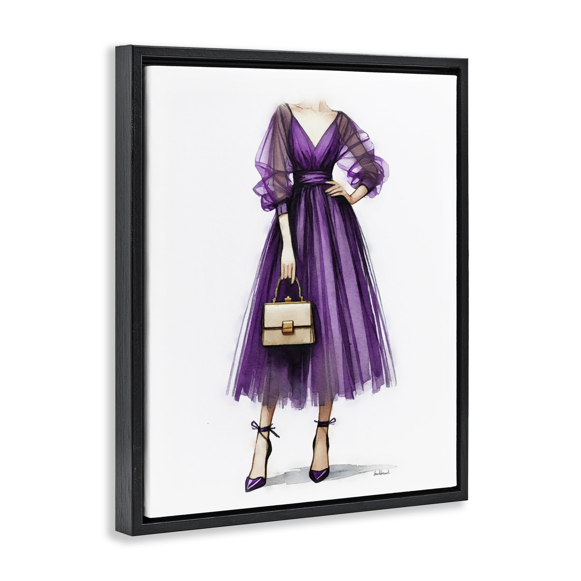 Stupell Industries Glam Purple Gown Fashion Painting Black Floater Framed Canvas Art Print Wall Art, 25 x 31
