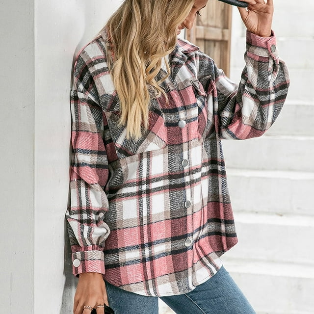 Veste Décontractée à Carreaux pour Femmes, Col à Revers, Manches Longues, Manteau Chemise, Automne Hiver, Doublé, Chaud