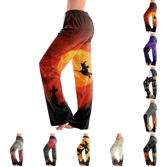 Zorvxlyn Halloween Pajama Pants for Women Ghost Pumpkin Bat Print Womens Pj Bottoms Drawstring Elastic Waist Lounge Pants for Women
