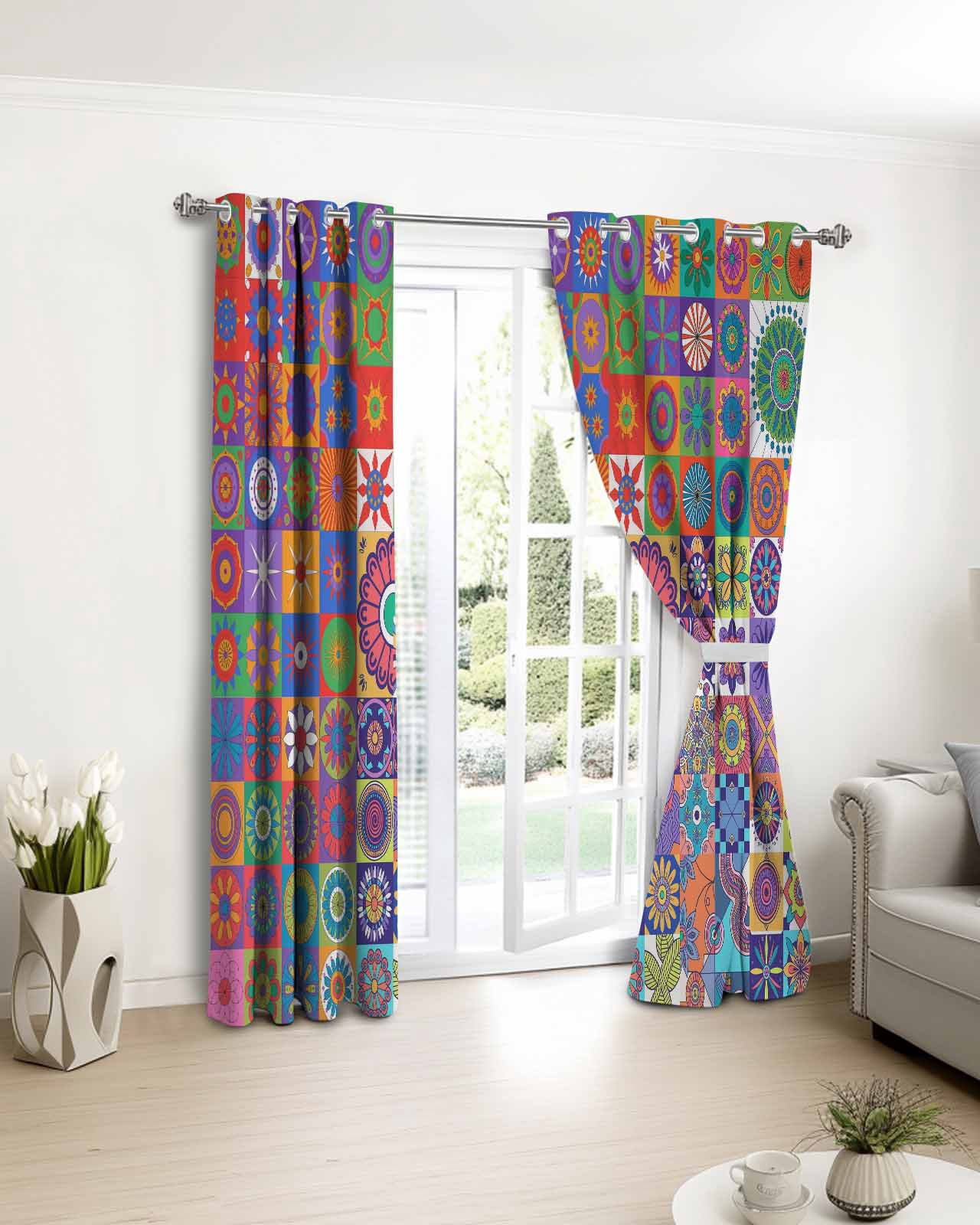 Colorful Abstract Floral Blackout Curtains for Bedroom Living Room, Countryside Flower Plaid Ethnic 39 In Long Thermal Insulated Room Darkening Drapes Grommet Window Treatments, 27.5 x 39 In