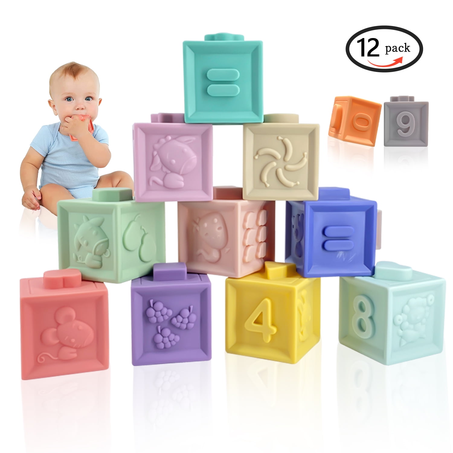 Baby Blocks, 12PCS Stacking Building Blocks, Teething & Squeezing Toys
