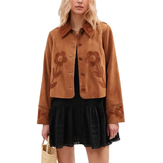 Chaqueta Corta de de Gamuza Sintética con Parches Florales para Mujer, Abrigo de Otoño con Botones Amarillo-Marrón M