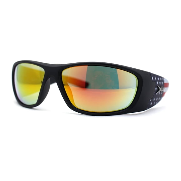 Xloop American Flag Patriotic Wrap Biker Thick Plastic Sport Sunglasses Matte Black Orange Mirror