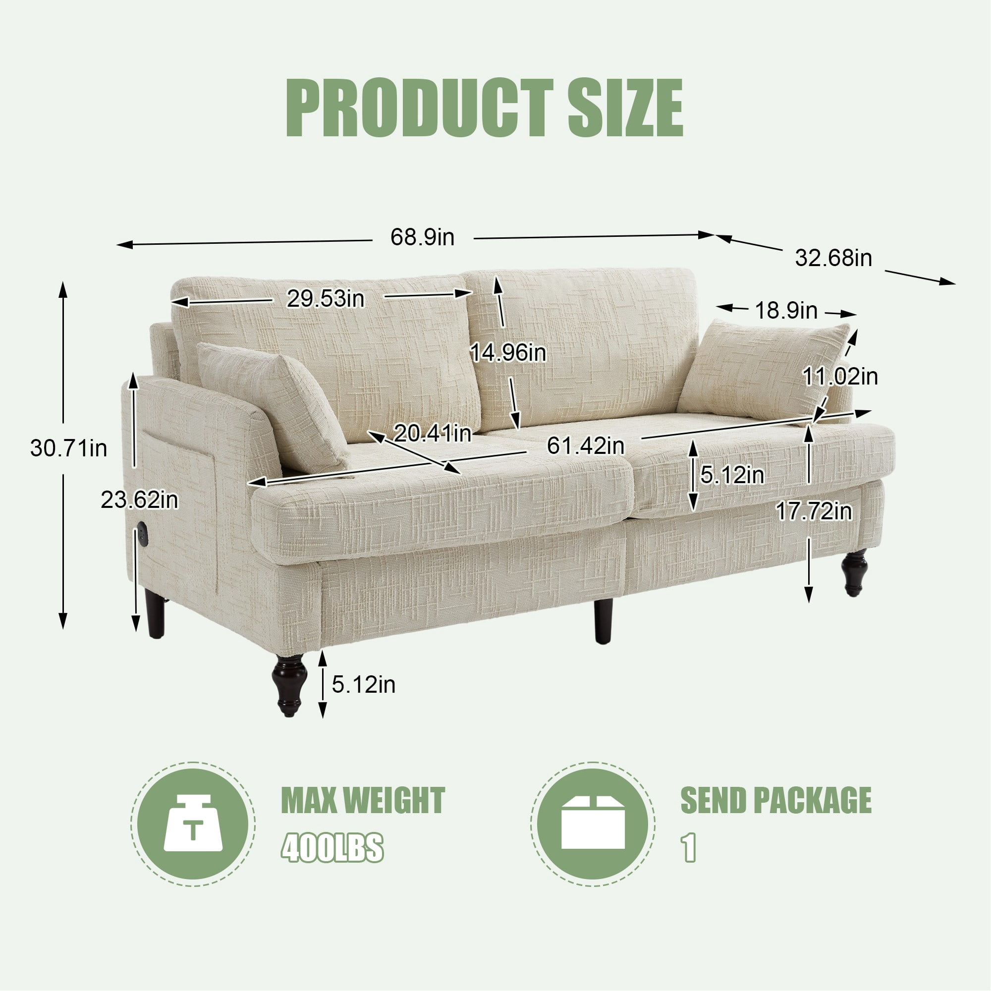 68.9" Sofa Couch,Modern 2 Seater Upholstered Loveseat Sofa Couch with LED light&USB for Living Room,Bedroom,Beige