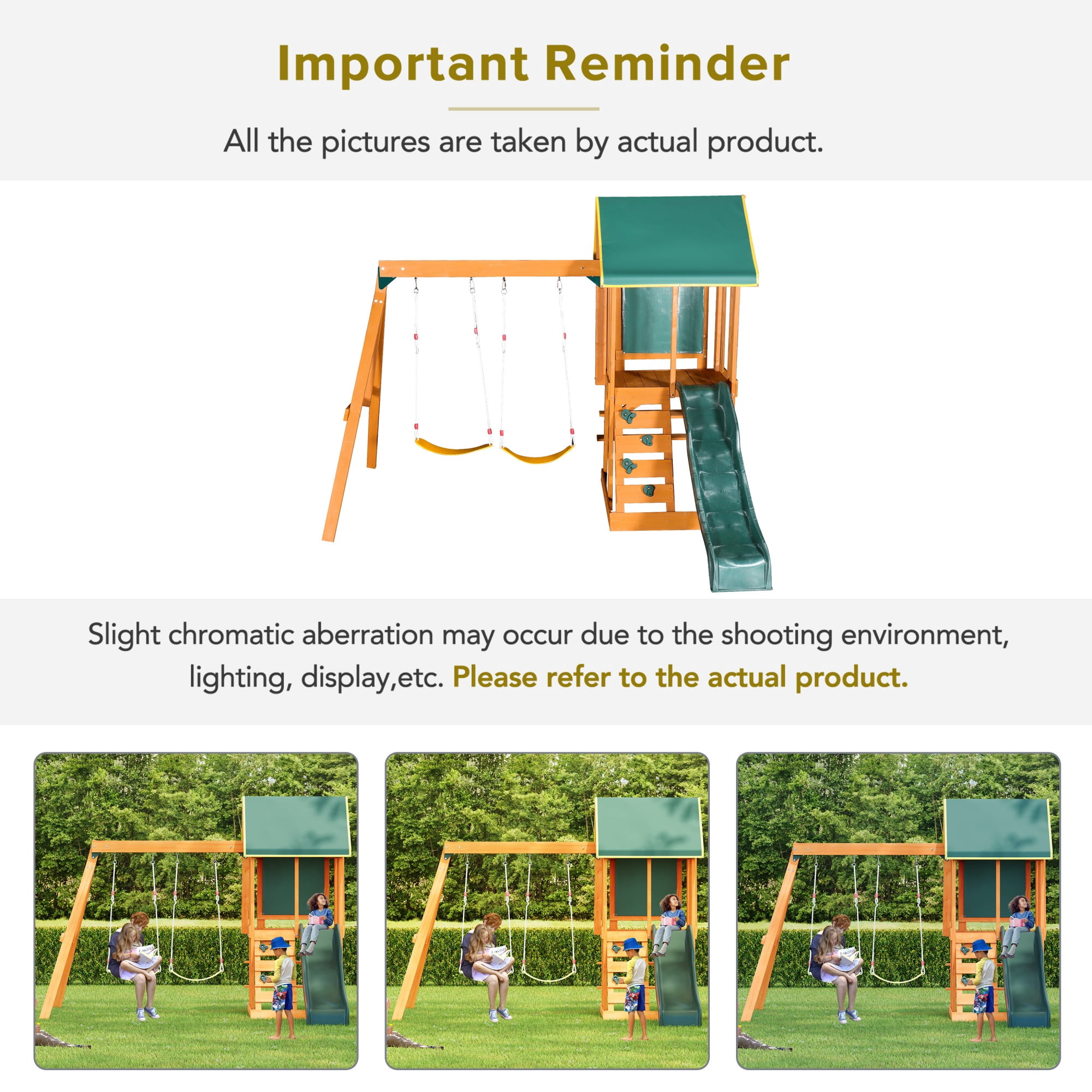 Wooden Outdoor Swing Set, SHINPT All-in-One Kids Outdoor Play Equipment for Kids Age 3-12 with Wave Slide, 2 Swings, Climbing Wall, Canopy Roof and Ladder, Kids Playground for Backyard, Garden, Park
