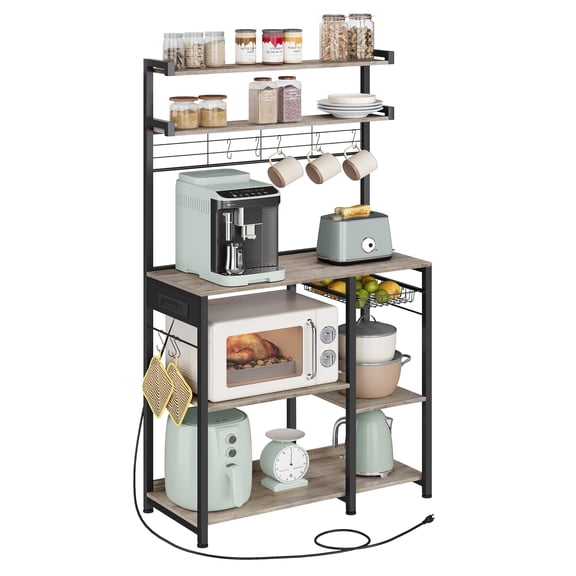 VASAGLE Bakers Rack with Power Outlet, 35.4 Inches Microwave Stand, Coffee Bar, 4 AC Outlets, with Adjustable Shelves, 8 S-Hooks, Basket, Spice Racks, Heather Greige and Ink Black