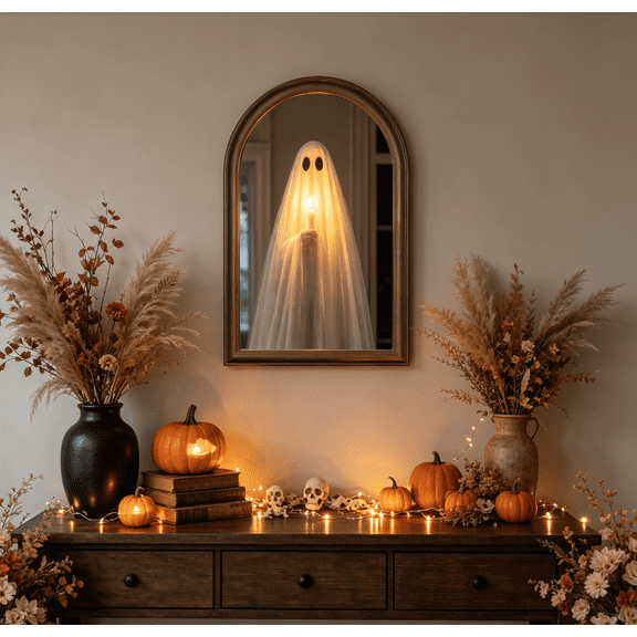 Light Up Ghost Mirror, 11" x 13.8", Spooky Halloween Decorations Indoor for Wall Table Mantel Room Home Office Party