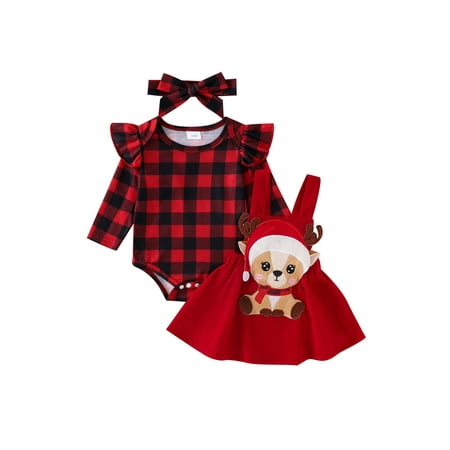 

Suealasg Newborn Baby Girls 3Pcs Christmas Clothes 3 6 9 12 18 Months Infant Girls Long Sleeve Plaid Print Romper Reindeer Patch Suspender Skirt Headband
