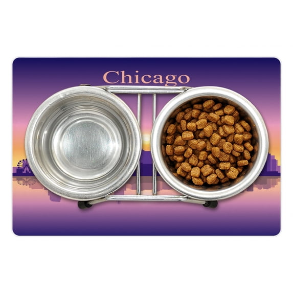 Chicago Skyline Pet Mat for Food and Water, Sunset in Illinois American Horizon Behind High City Silhouettes, Non-Slip Rubber Mat for Dogs and Cats, 18" X 12", by Ambesonne
