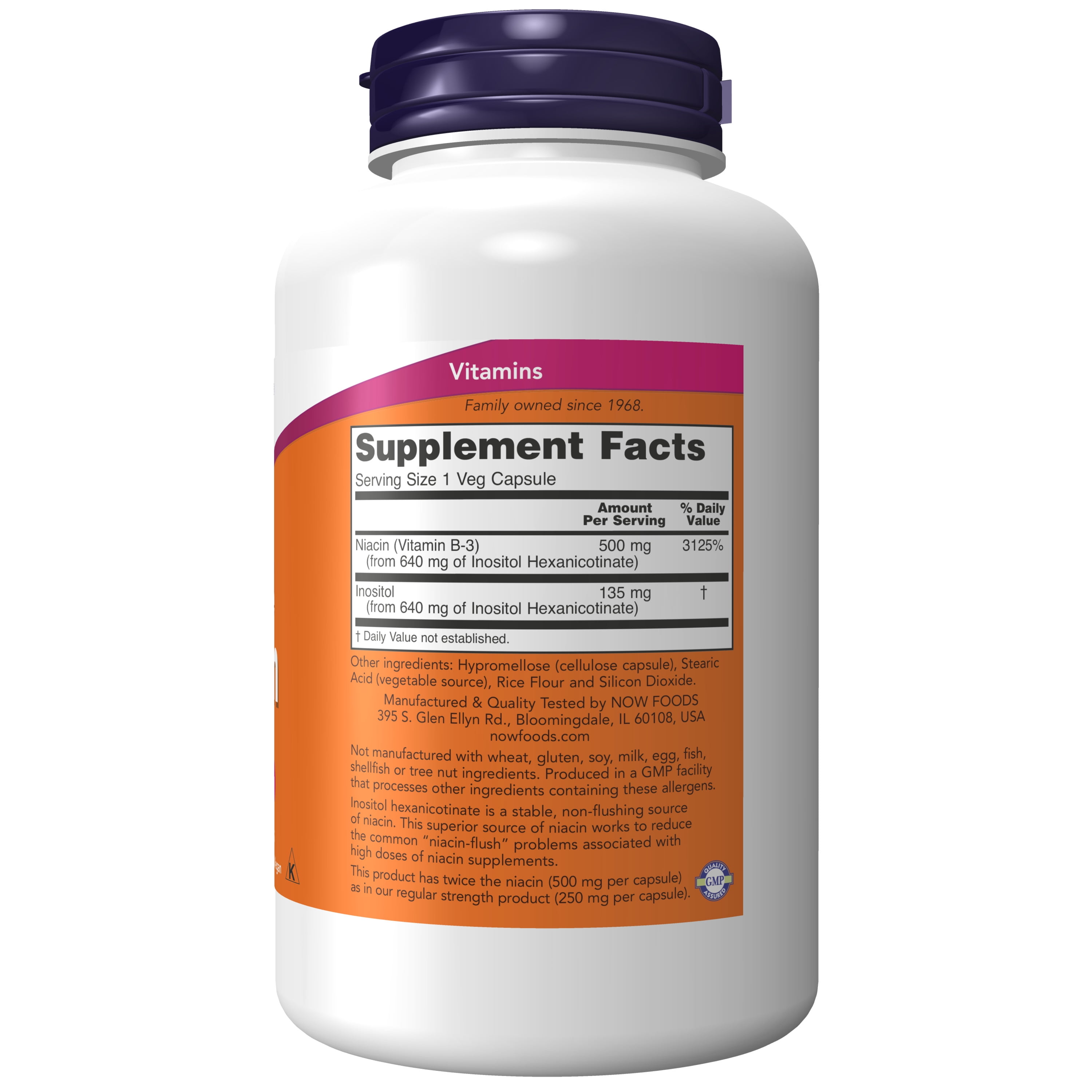 NOW Supplements, Niacin (Vitamin B-3) 500 mg, Flush-Free, Double Strength, Nutritional Health, 180 Veg Capsules