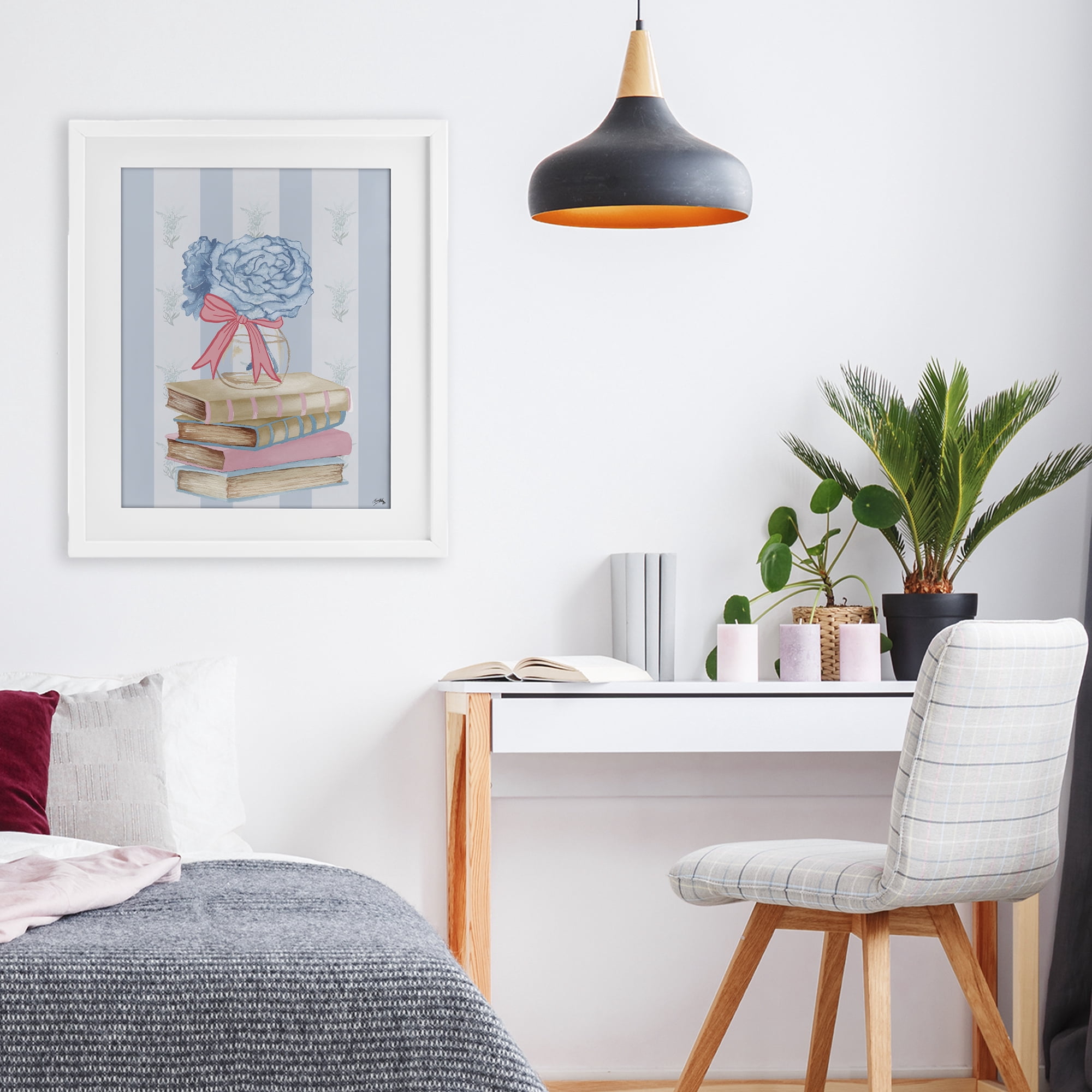 Stupell Industries Stacked Books & Blue Hydrangeas White Framed Print Under Glass, design by Elizabeth Medley