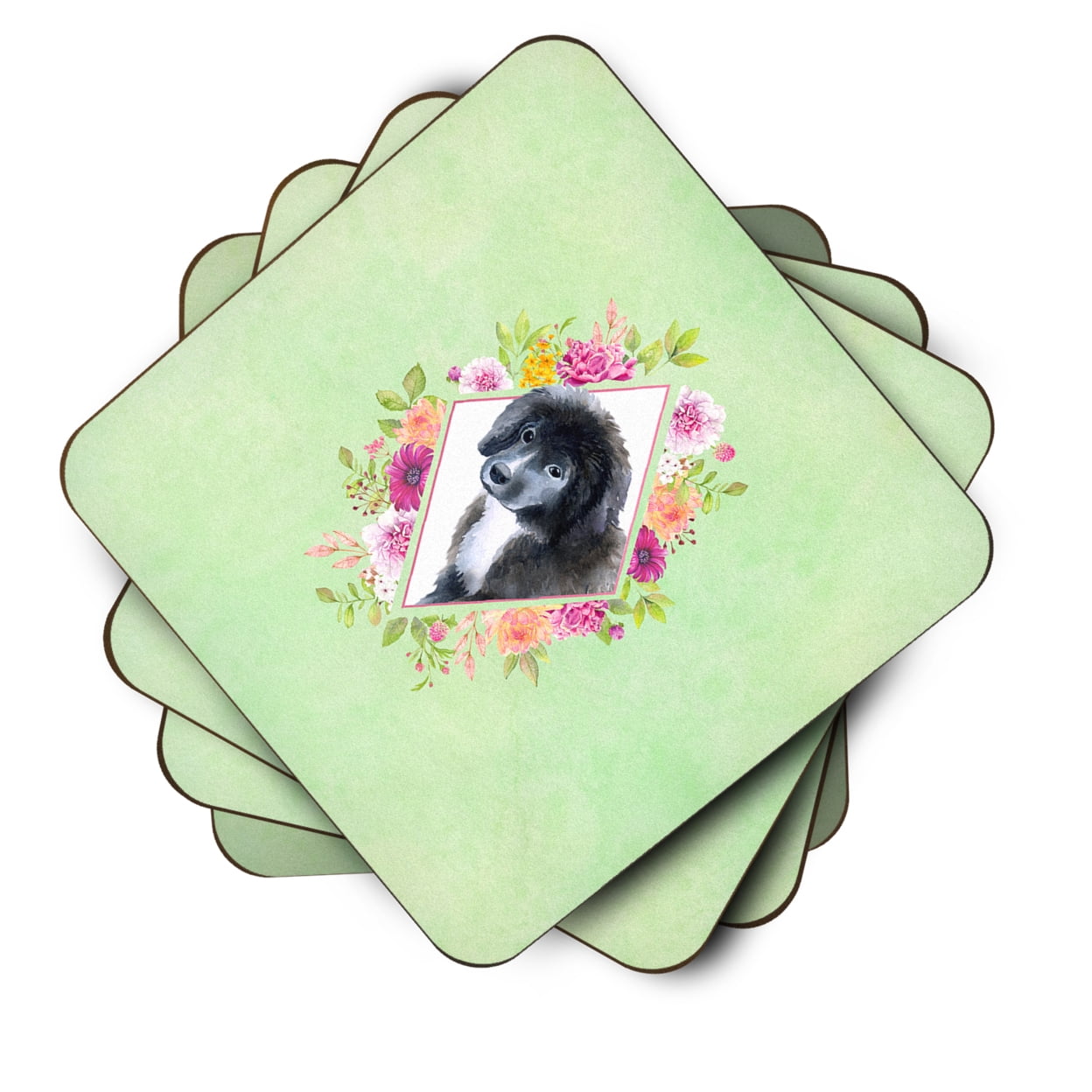 Carolines Treasures CK4324FC Newfoundland Puppy Green Flowers Foam Coaster Set of 4 3 1/2 x 3 1/2 multicolor