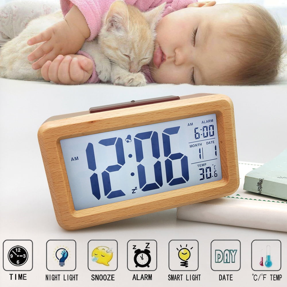 Digital Wooden Alarm Clock, Weekday /Weekend Mode, Snooze, Wood LED
