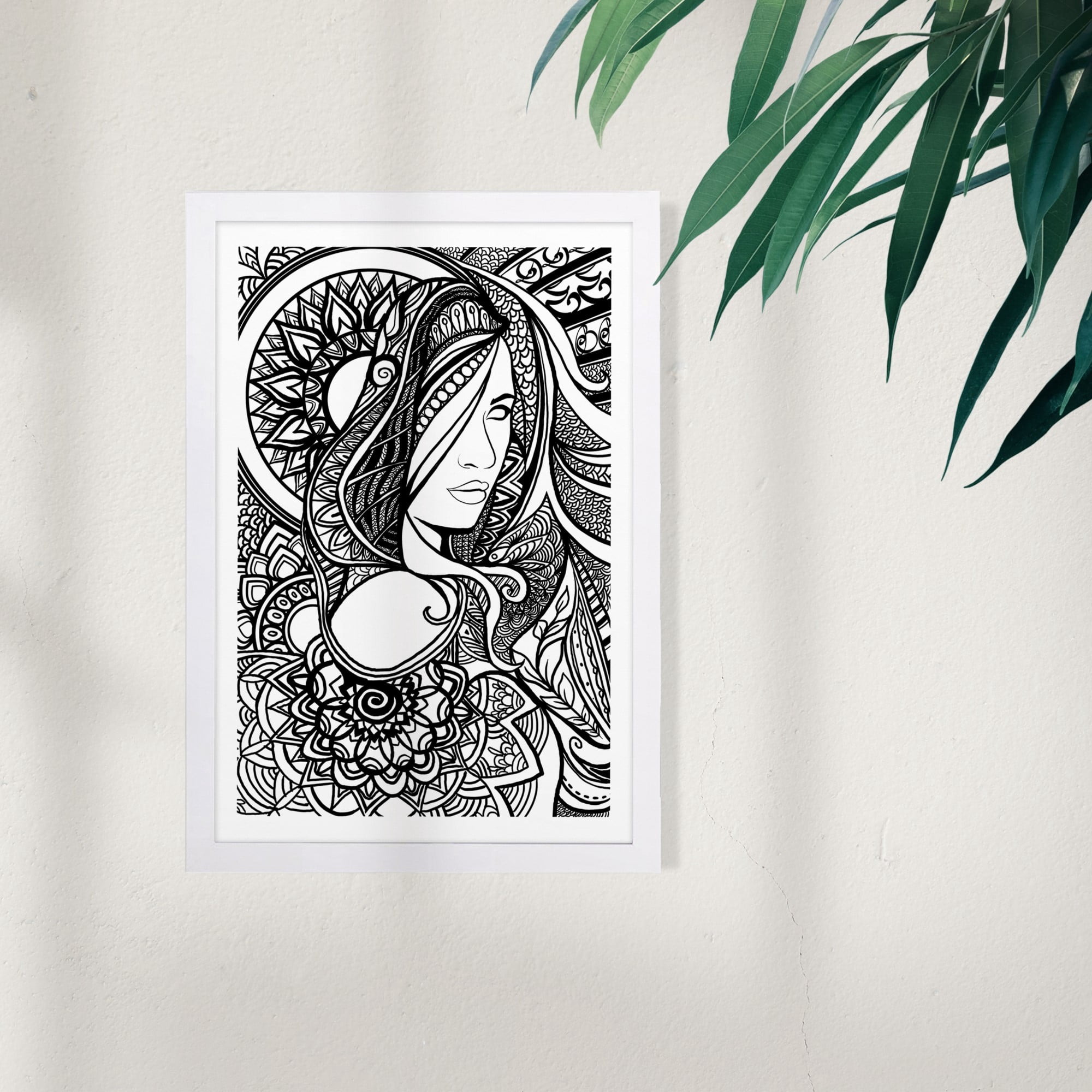 Wynwood Studio People and Portraits Framed Wall Art Prints 'Lady Mandala Clear' Portraits Home Décor - Black, White, 13" x 19"