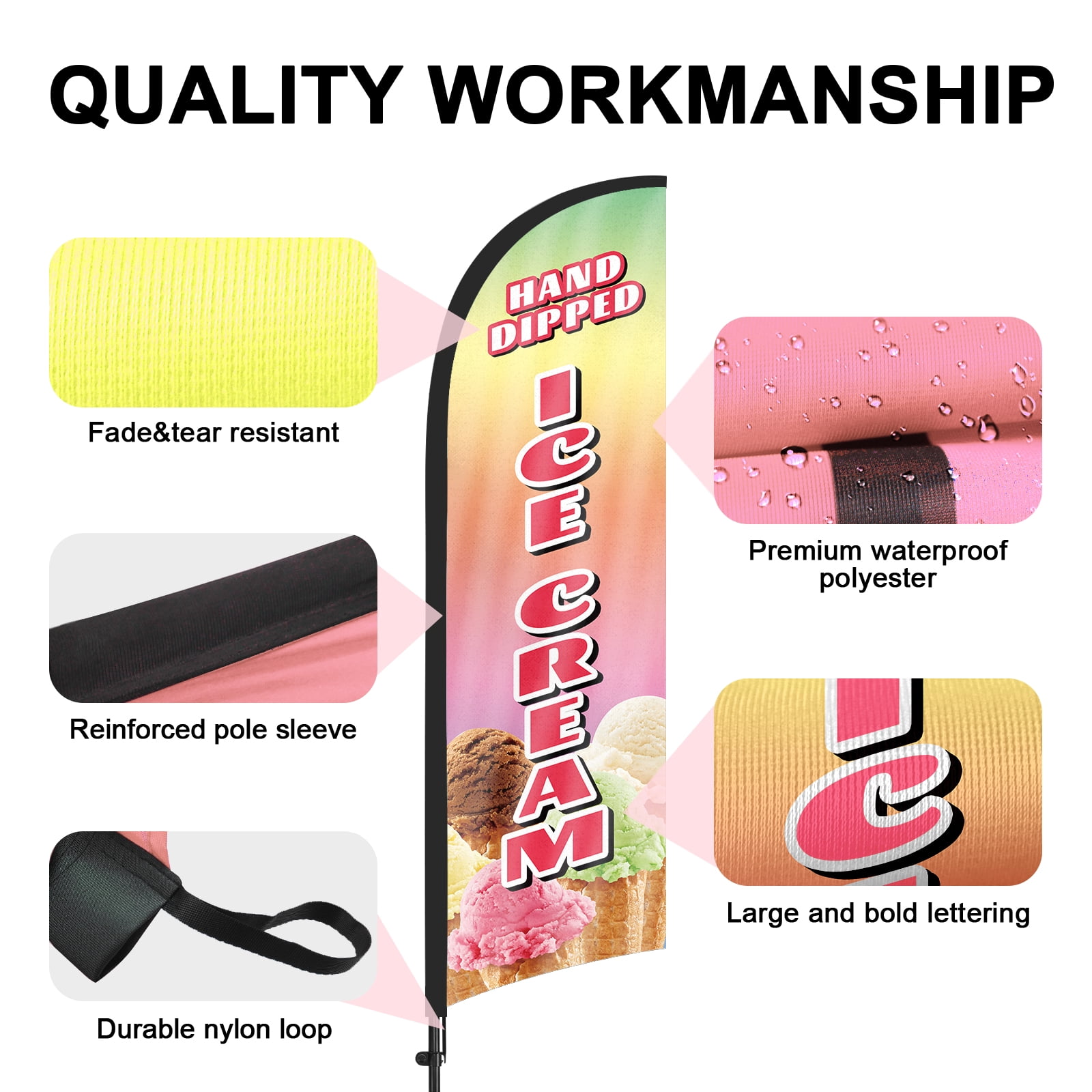QSUM Ice Cream Feather Flag with Flag Pole Kit and Ground Spike, 8.2FT Ice Cream Windless Flag Banner Sign Business for Outdoor Advertising Sign Decoration Display