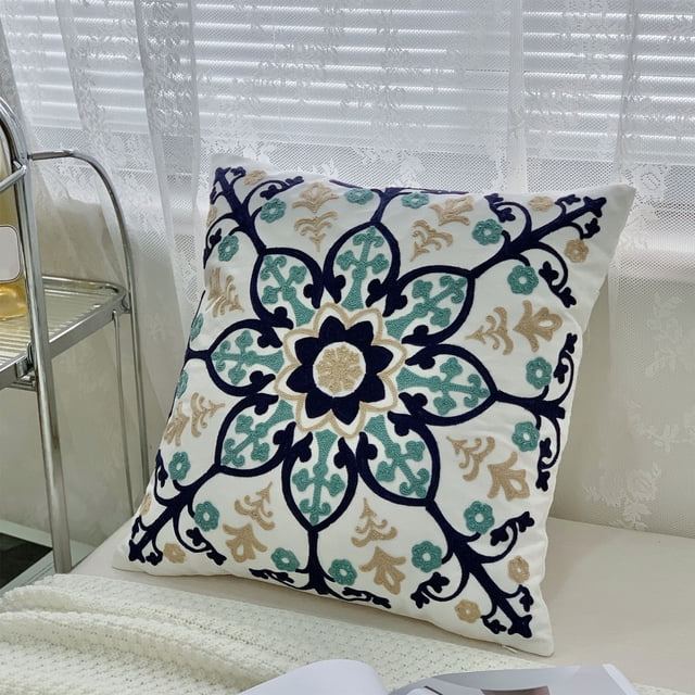 Funda de cojín decorativa | Funda de cojín para sofá con bordado floral para sala de estar | Funda de almohada cuadrada de tela de lino | Funda de cojín decorativa para sofá y dormitorio