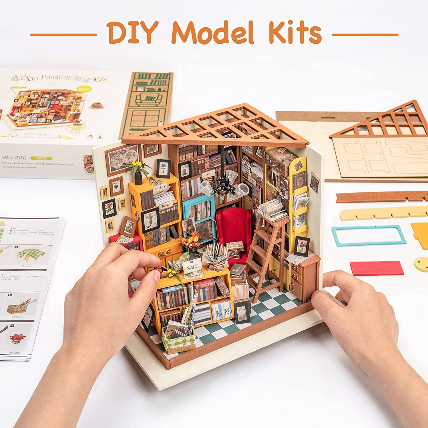 ROBOTIME Sam's Bookstore-DIY Miniature House Kit,Mini Wooden Dollhouse Model Building Sets,Tiny House Craft Kits Gifts for Adults Kids