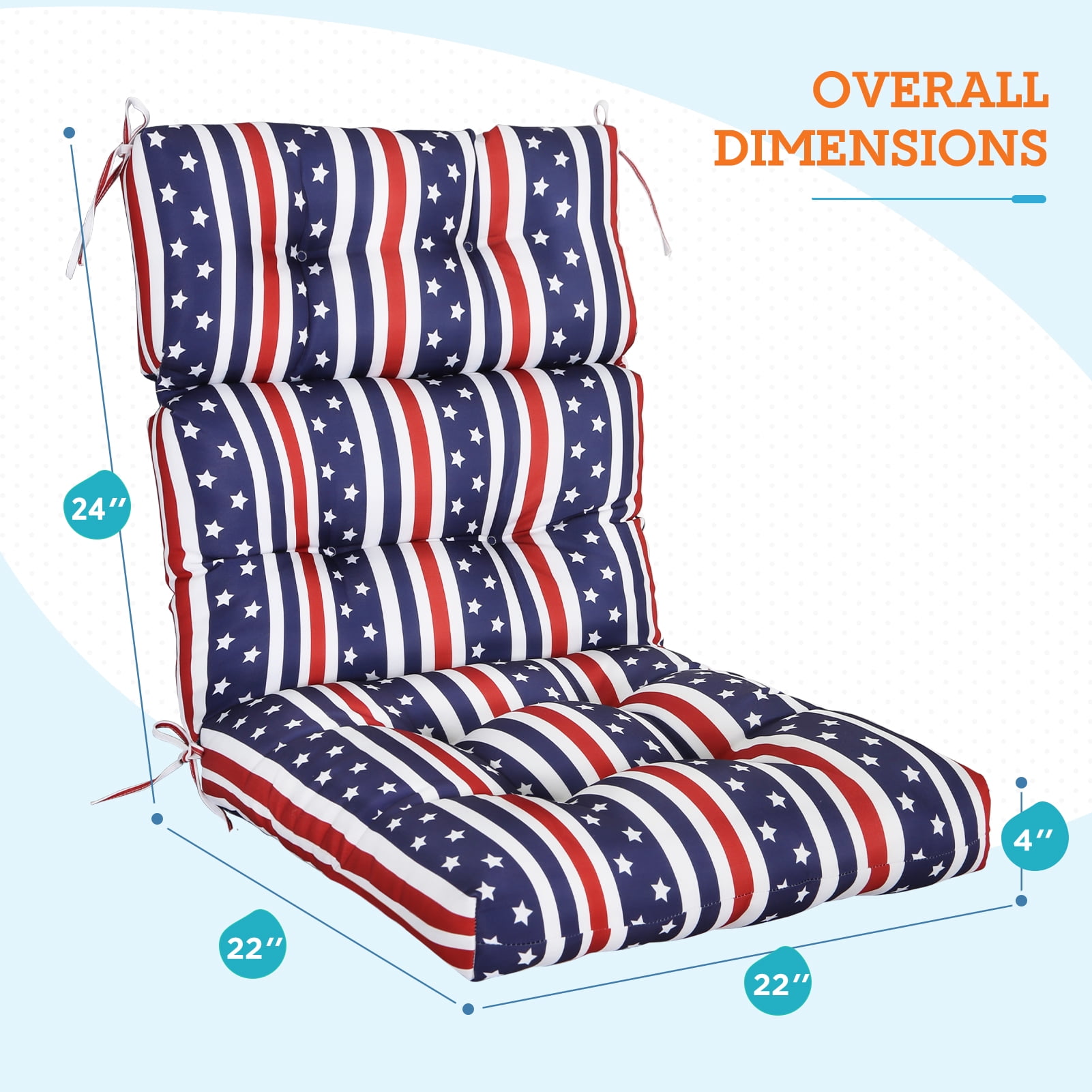 EAGLE PEAK Tufted Outdoor/Indoor High Back Patio Chair Cushion, Set of 2, 46 x 22 in, American Flag