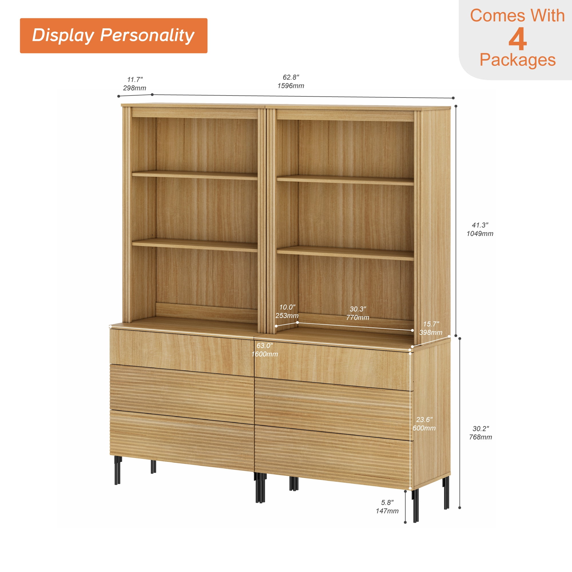 63"W Fluted Kitchen Hutch Sideboard with Adjustable Shelves, Wooden Modern Buffet Hutch Cabinet with 6 Drawers And 6 Tier Shelves