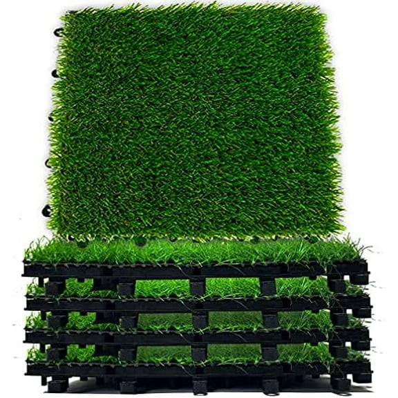 Interlocking Artificial Turf Grass Deck Tiles 8 Pack -12x12 Fake Grass Snap Flooring -Easy Install Outdoor Tiles for Patio, Balcony, Porch, Backyard, Garden, Pool Area & Indoor Spaces$$Garden & Patio