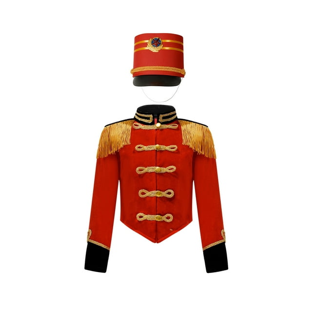 Hansber Enfants Garçons Uniforme d'Équipe de Drum Major Tenue de Performance de Batteur Veste à Franges et Chapeau Rouge 14