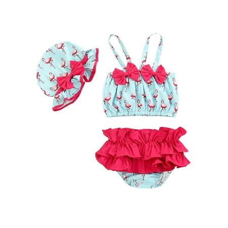 

Pudcoco Newborn Baby Girl 3 Pcs Swimsuit Flamingo Printed Sling Bow Camisole + Ruffled Shorts + Swimming Hat Beachwear