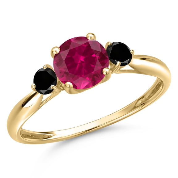 Gem Stone King 10K Yellow Gold Red Created Ruby and Black Diamond 3-Stone Ring for Women | 1.20 Cttw | Round 6MM | Gemstone July Birthstone | Size 9