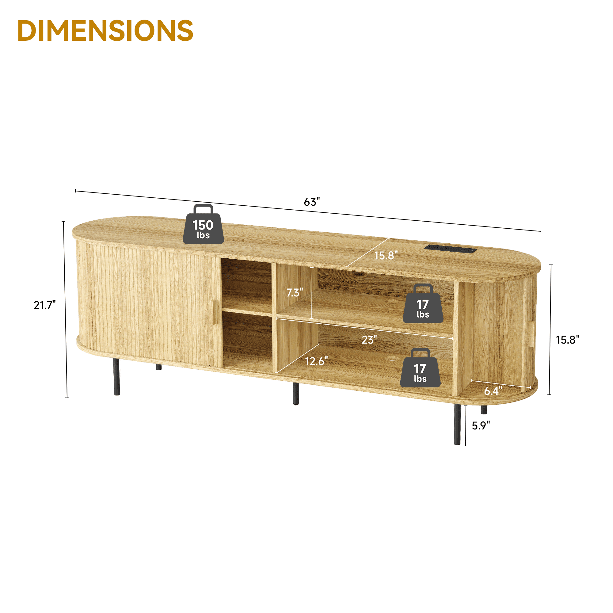 MARNUR 63" TV Stand for 70" TV, Wood Entertainment Center with Storage and Shelves, 2 Sliding Tambour Doors, Mid-Century Modern, Oak