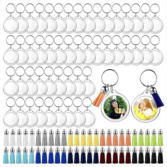 Rollbacks & More 50 Sets Acrylic Photo Keychain with Tassels, DIY Custom Insert Keyring Clear Blank Picture