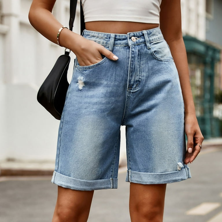 さらに100円引き◆NERDY◆Women's Denim Tweed Shorts DVKOVI Knee Length Jeans Shorts Women Straight Tube To Make