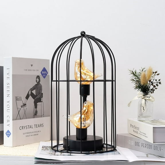 Large Battery Powered Decorative Lamp with Bird Bulb (Black)