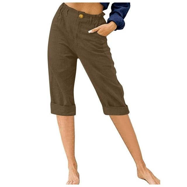 Timegard Cropped Pants for Women Capris Summer Casual Button Ruffle Elastic Waist Solid Color Lounge Pants