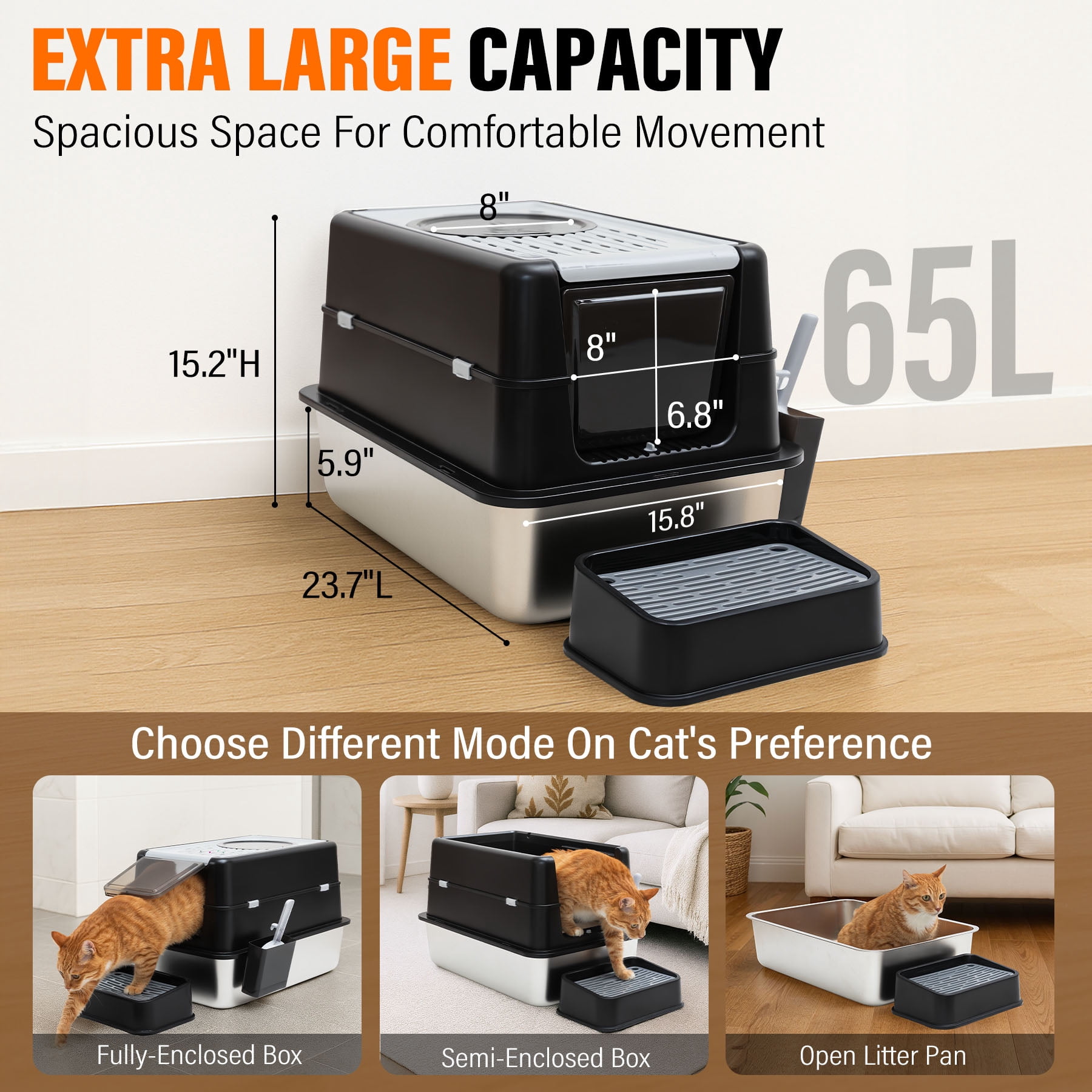 Stainless Steel Litter Box, XL Top Entry Cat Litter Box with Flip Lid, High Side Large Top Front Dual Exit Enclosed Cat Litter Pan Tray with Litter Scoop and Foot Pedal, Easy Cleaning, Anti-Leakage