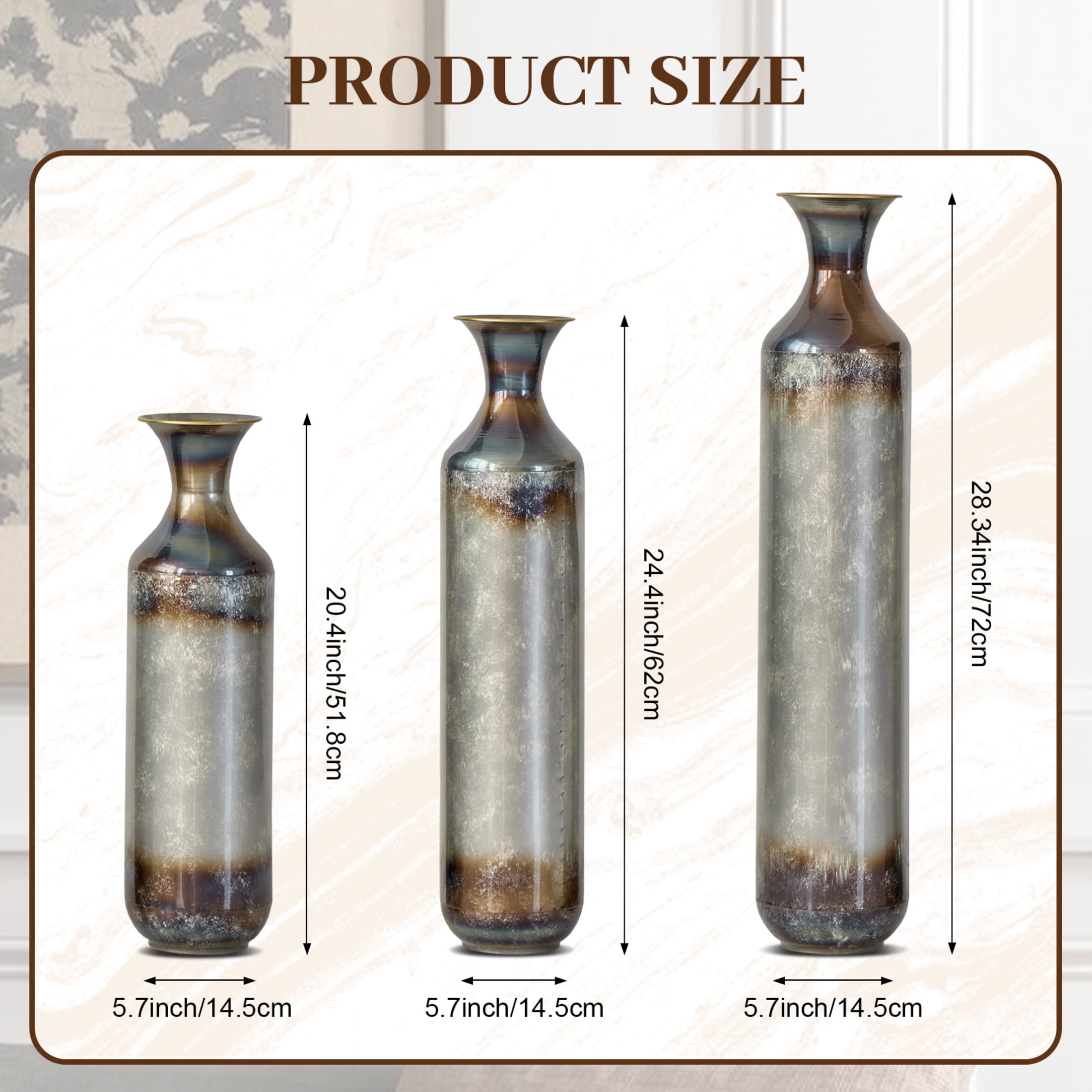 Noble House Set of 3 Metal Floor Vases with Hand-Forged Burnt Finish, Gold + White