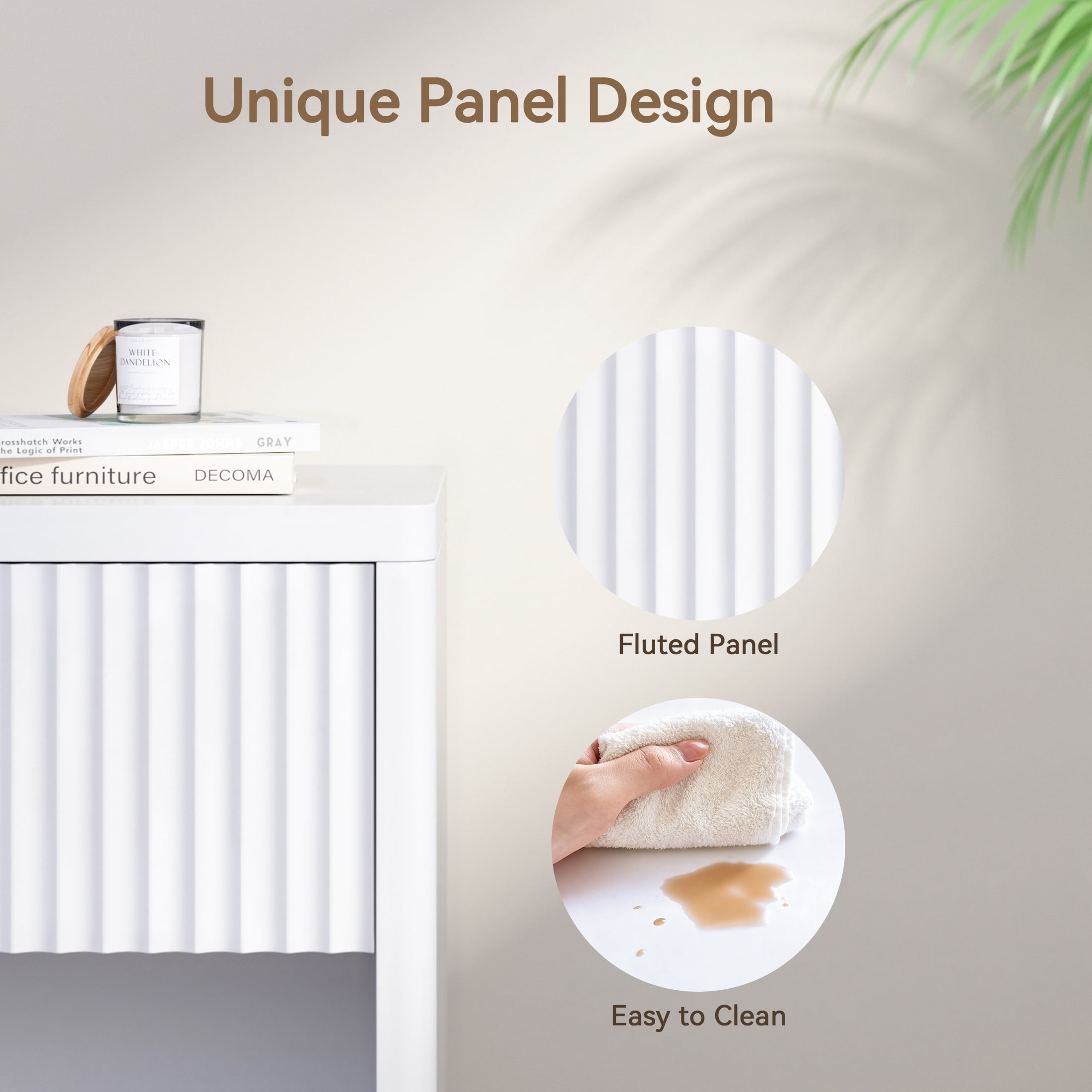POLAHAKU Nightstand with Drawer USB Charging Station Storage Fluted Bed Side Table End Table Large Modern Wide Bedside Stand Mid Century for Bedroom Living Room Sofa Couch, White