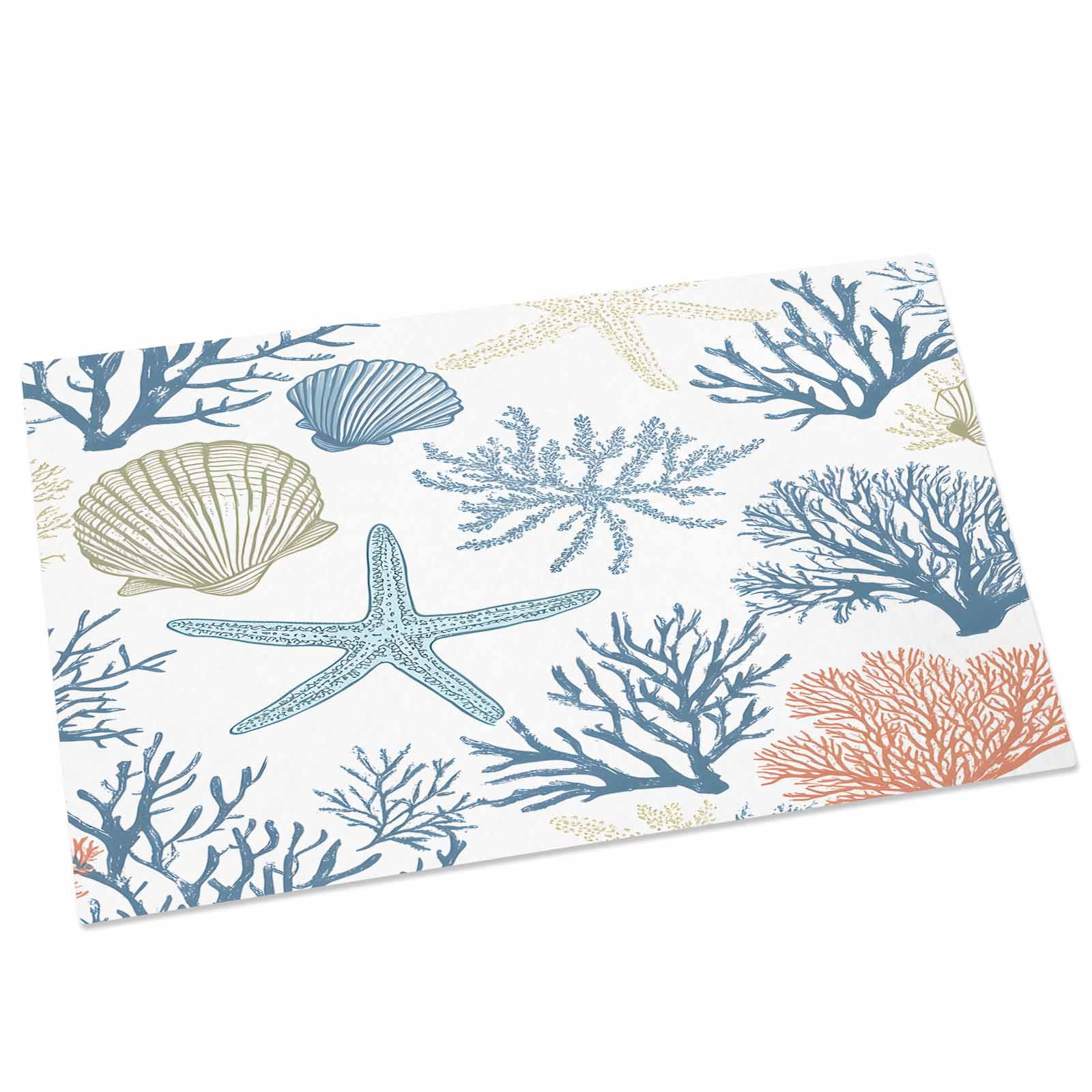 Coral Coastal Indoor Door Mat - 16"x24", Non-Slip Welcome Mat for Outdoor, Summer Beach Starfish Nautical Shell Front Doormat for Entry, Low-Profile Doormat Entrance Rug for Kitchen/Bathroom