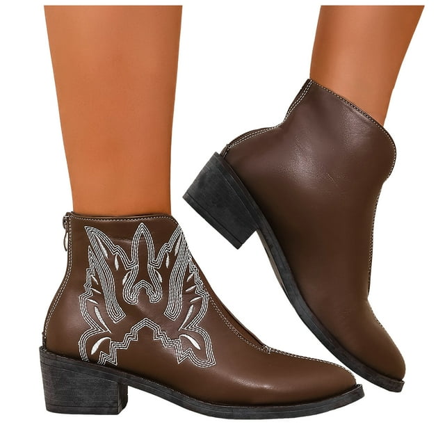 Leozcaa Bottines Western Brodées pour Femmes Bout Pointu Talons Courts Épais