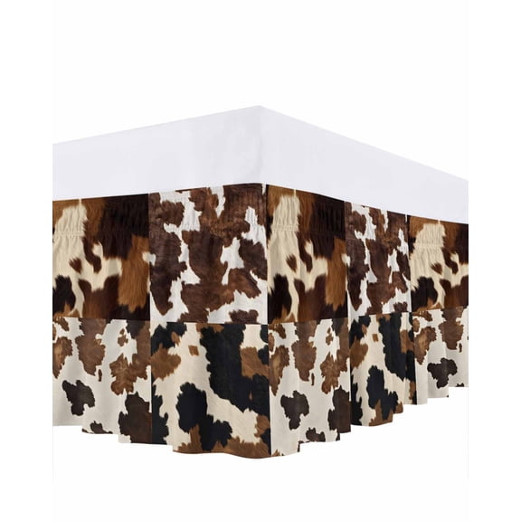 Cow Patterned Bed Skirt Queen Size,Vintage Farmhouse Abstract Country Western Wrap Around Bed Skirting with Adjustable Elastic Strap,Dust Ruffle Pleated Bedskirts 16 Inch Drop for Bedroom Queen Beds