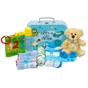 Welcome to The World Baby Gift Set, Medium Keepsake Suitcase with Clothing Set, Teddy Bear, Toys and Baby Essentials, Blue