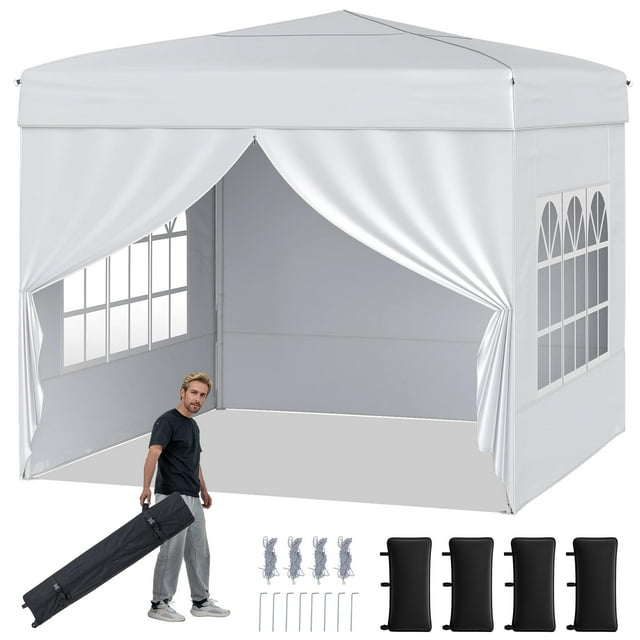 Gymax 10 X 10 FT Pop up Canopy Tent w/ 4 Sidewalls Wheeled Bag 4 Sandbags 8 Stakes White