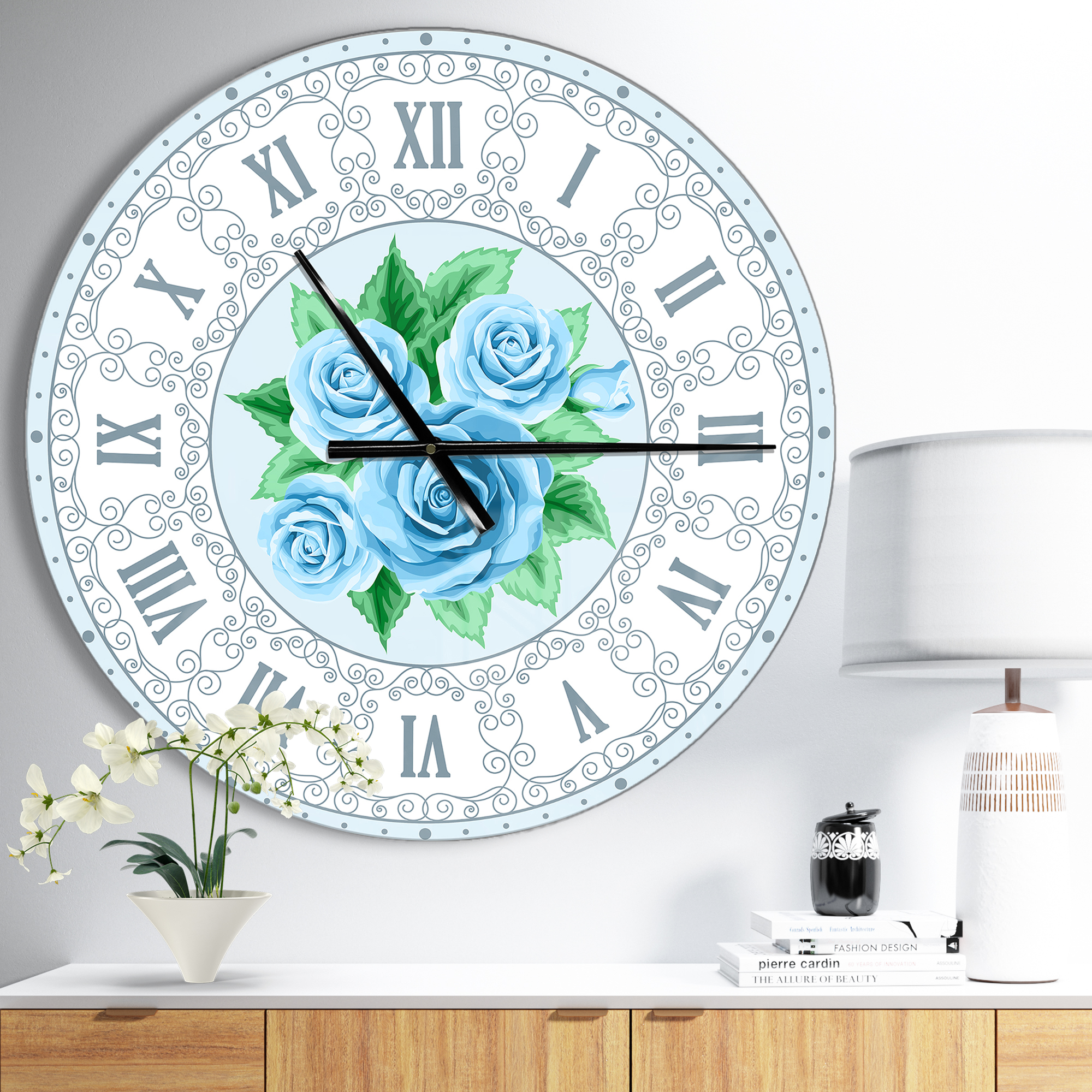 Designart 'Blue Hand drawn Roses Shabby Chic Vintage ' Modern wall clock