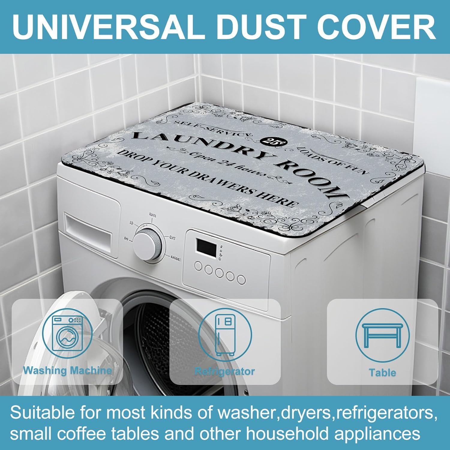 Non-Slip Washer & Dryer Top Cover Protector Mat Dust-Proof Washing Machine Cover Pad With Vintage Gray Laundry Sign Design Universal 23.6"x19.7" for Laundry Room & Kitchen Decor