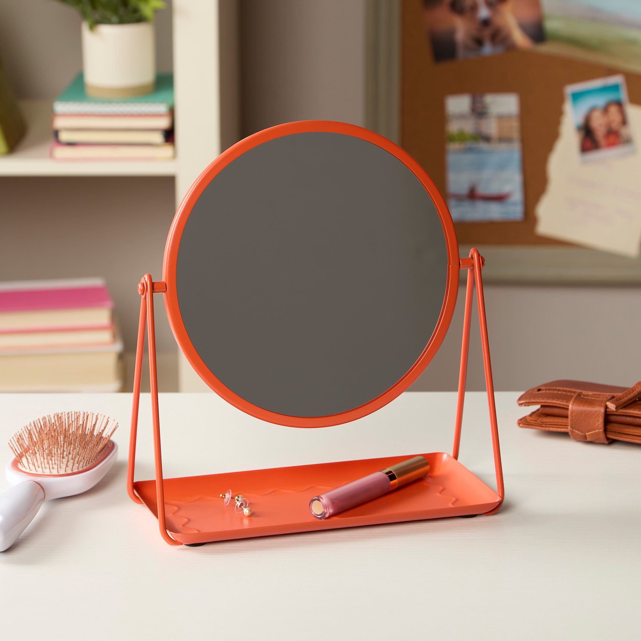 Mainstays by Becky G. & Alejandra 9.65" Round Tabletop Mirror with Metal Tray, Coral