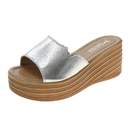 

Womens Sandals Fashion Summer Women Sandals Wedge Heel Middle Heel Thick Sole Solid Color Sequins Lightweight Casual Women S Sandals Pu Silver 40