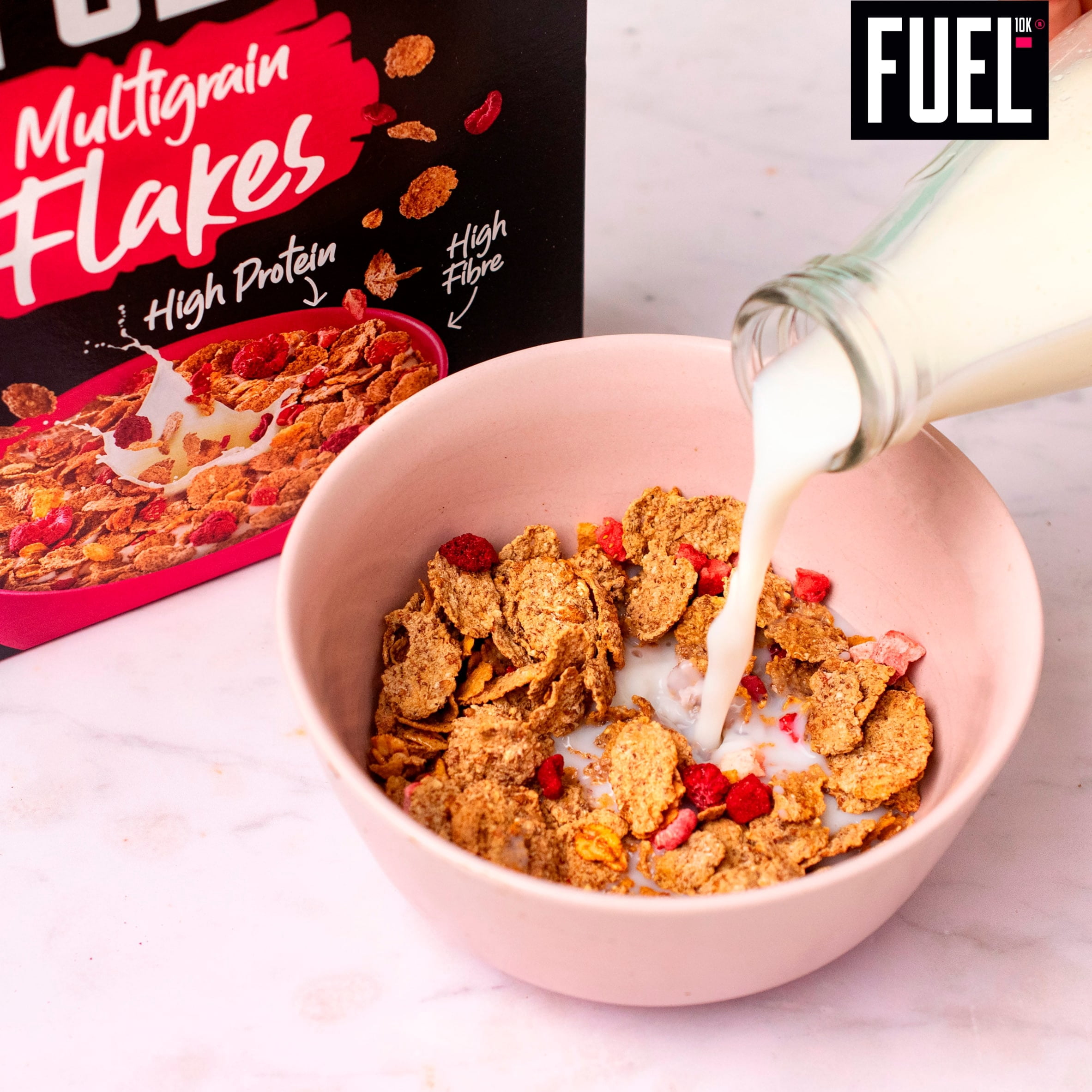 FUEL10K Red Berry Multigrain Flakes High Protein Breakfast Cereal 350g, Imported from Britain