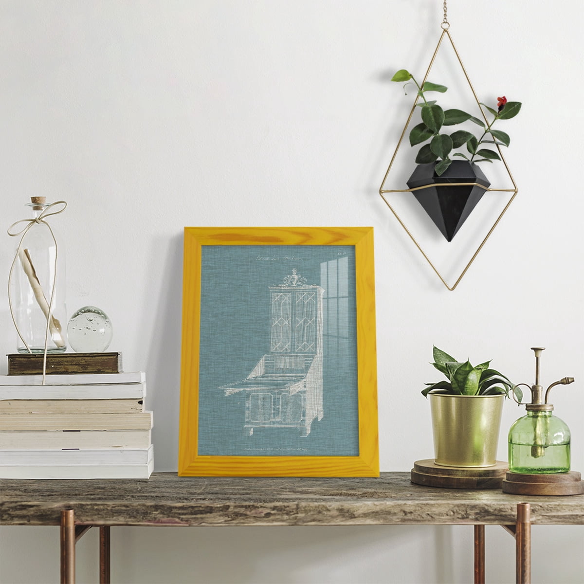 Hepplewhite Desk & Bookcase IV - Framed Print w/glass - Sunflower Yellow