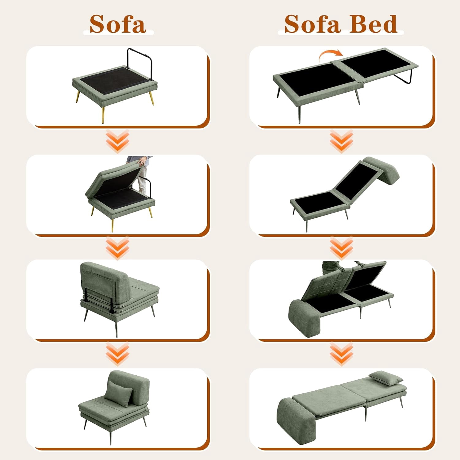 Akaber 3-in-1 Futon Sofa Bed, Chenille Sleeper Chair with Back Support & Pillow, Wood Frame, Metal Legs