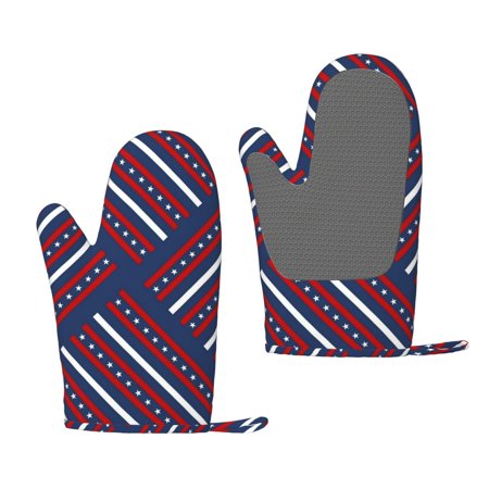ZNDUO Kitchen Oven Gloves, Durable Heat Resistant Oven Gloves with Quilted Liner Non-Slip Textured Grip Perfect for BBQ, Baking, Cooking and Grilling, Patriotic Red White Blue Stripes